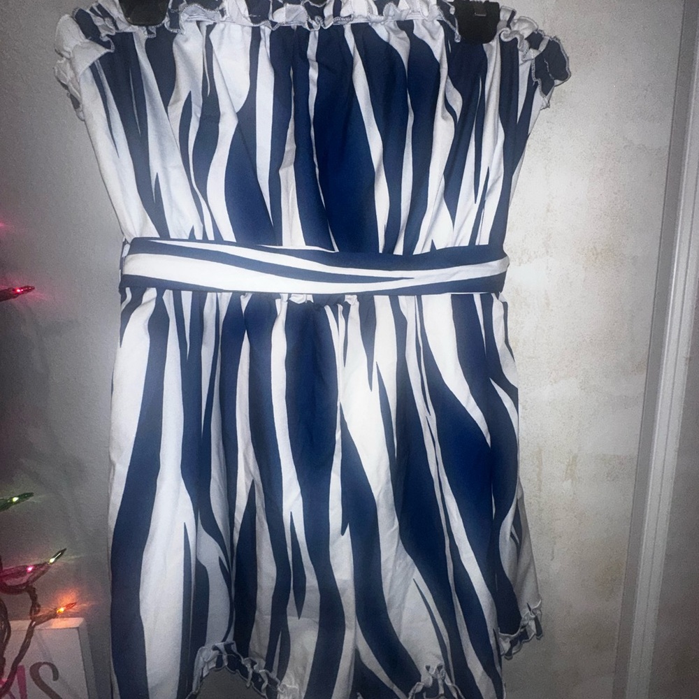 Blue and White Strapless Romper